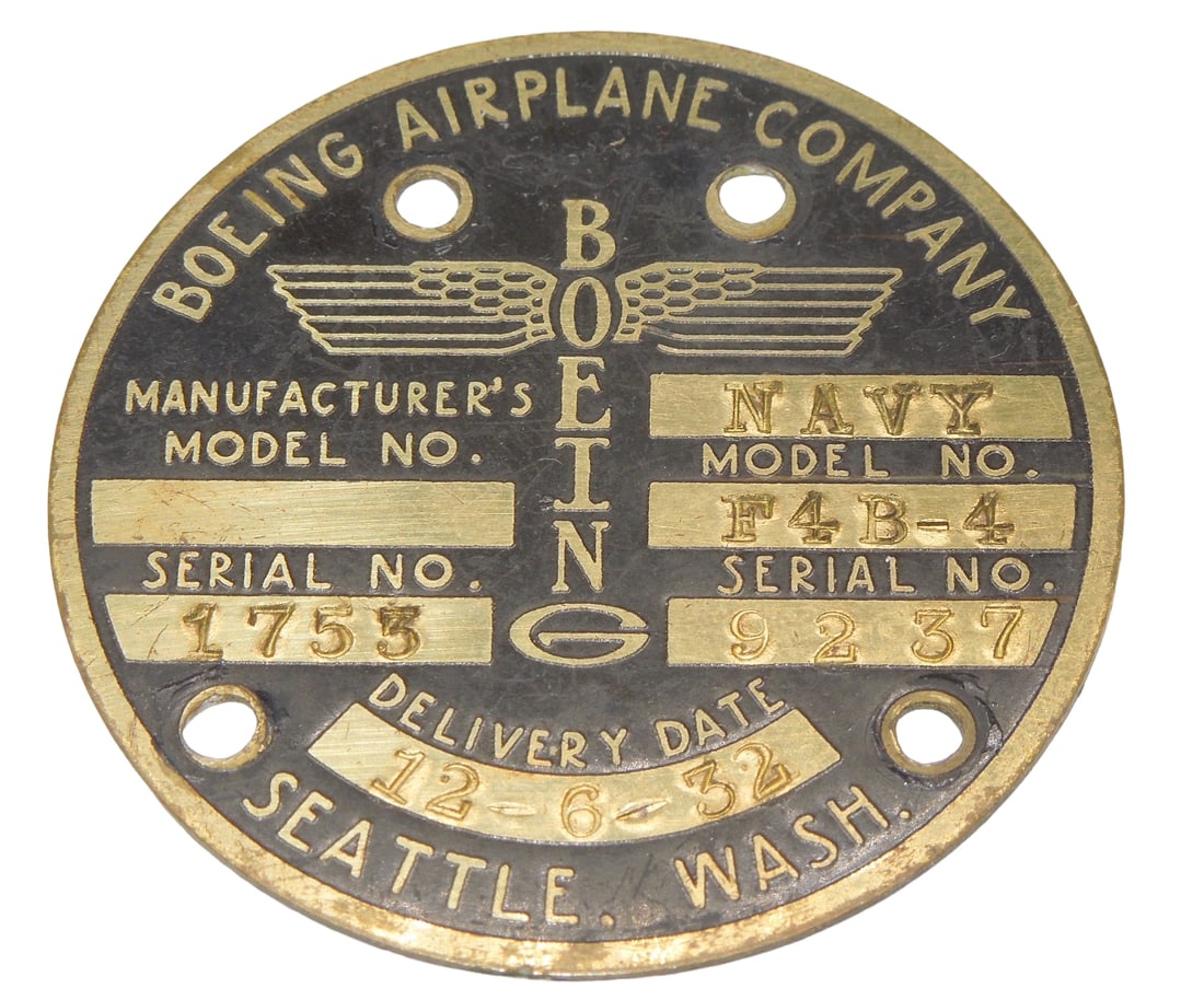 1932 Navy Boeing F4B-4 Pursuit Fighter Biplane Aircraft Aviation Data Plate: 1932 USN Navy Boeing Airplane Company Aircraft Data Plate. Boeing F4B-4 Primary Pursuit Fighter Biplane. The Boeing F4B-4 was the U.S. Navyâ€™s last bi-plane fighter, as well as the last fighter 