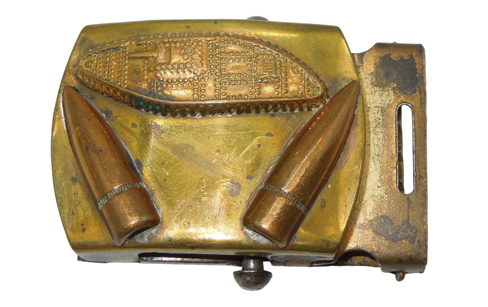 WWII Era US Army Tank Armored Corps Bullets Brass Belt Buckle: WWII era U.S. Army customized service belt buckle for Armored Troops. Solid brass construction marked and featuring a soldered early WWII Armored Tank and Bullets on the front. Marked: Made in U.S.A. 