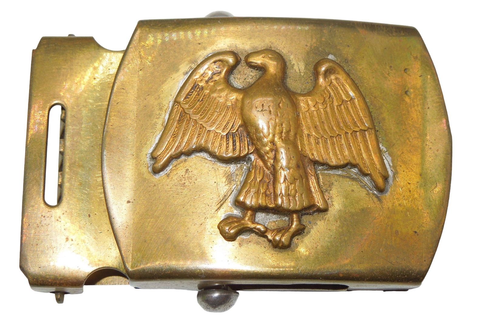 WWII Era US Army Womens Army Corps WAC Brass Belt Buckle: WWII Era Womens Army Corps WAC Brass Belt Buckle. The design on this belt buckle is the walking eagle design. Marked Solid Brass Made in U.S.A. Good condition for its age.