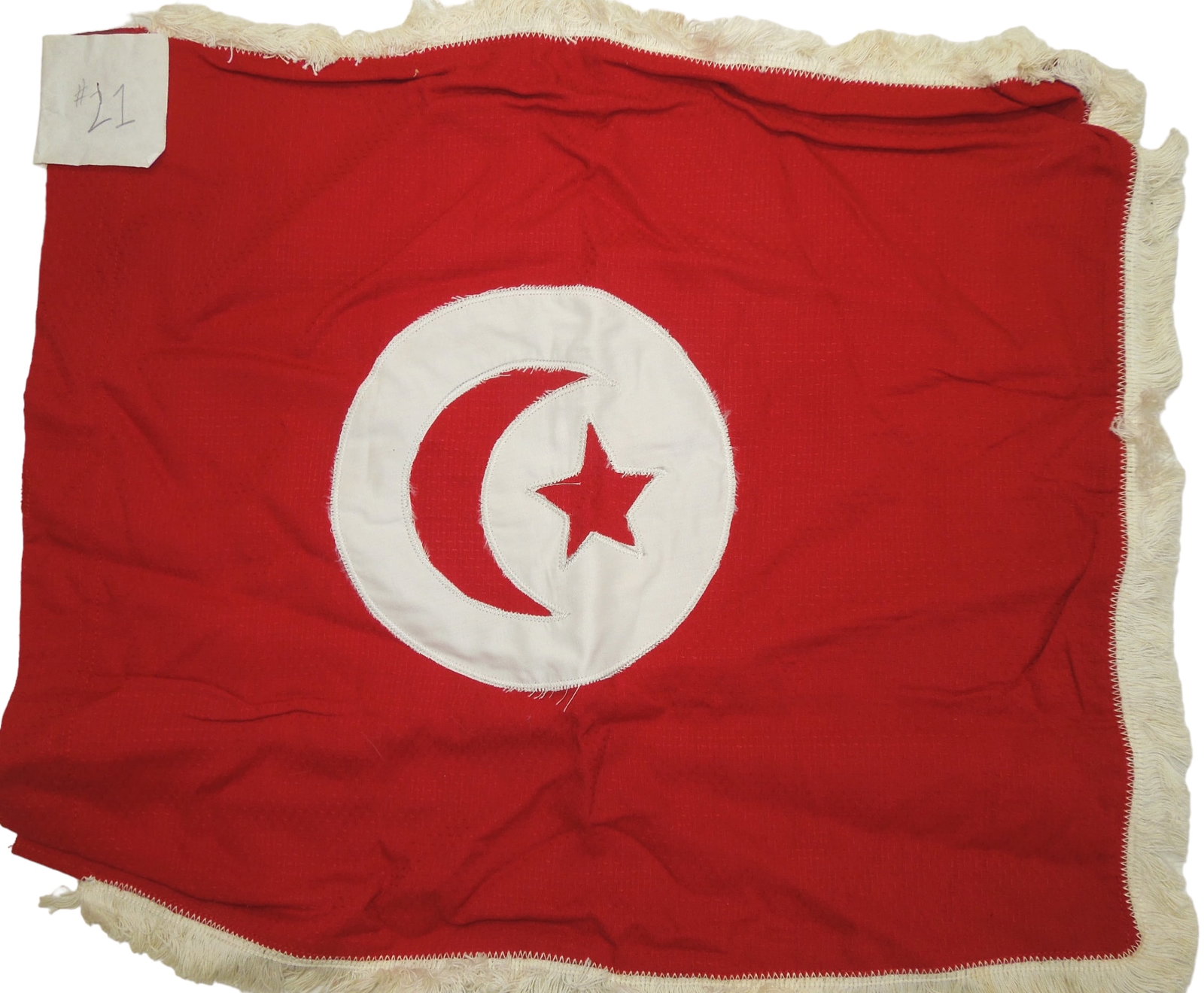 1950s President of Tunisia Vehicle Flag: Original flag measuring 15 x 16 inches sent from the president of Tunisia to Dr. Clarence Rungee for his International flag museum. Good condition.