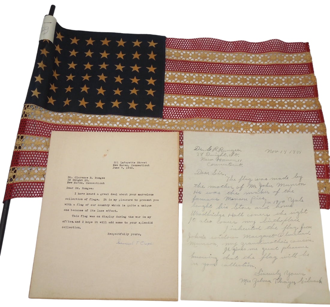 Unique Hand Made 48 Star WWII American Desk Lace Flag & Letters: Original Dr. Clarence Rungee collection flag. Measures 12.5 inches by 19 inches. Used condition. With inventory sheet and two original letters.