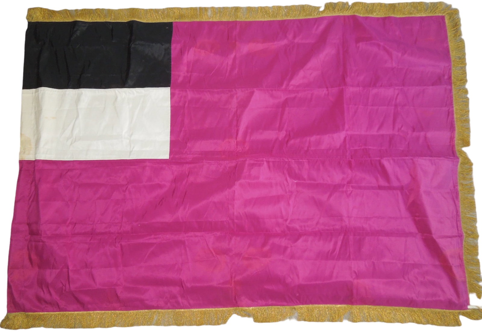 1920s National Government of Georgia in Exile Soviet Flag: Original silk British made flag of the Government of the Democratic Republic of Georgia (Russia) in Exile. Good condition with gold fringe. Measures 5 feet 9 inches by 4 feet. Good conditon with minor