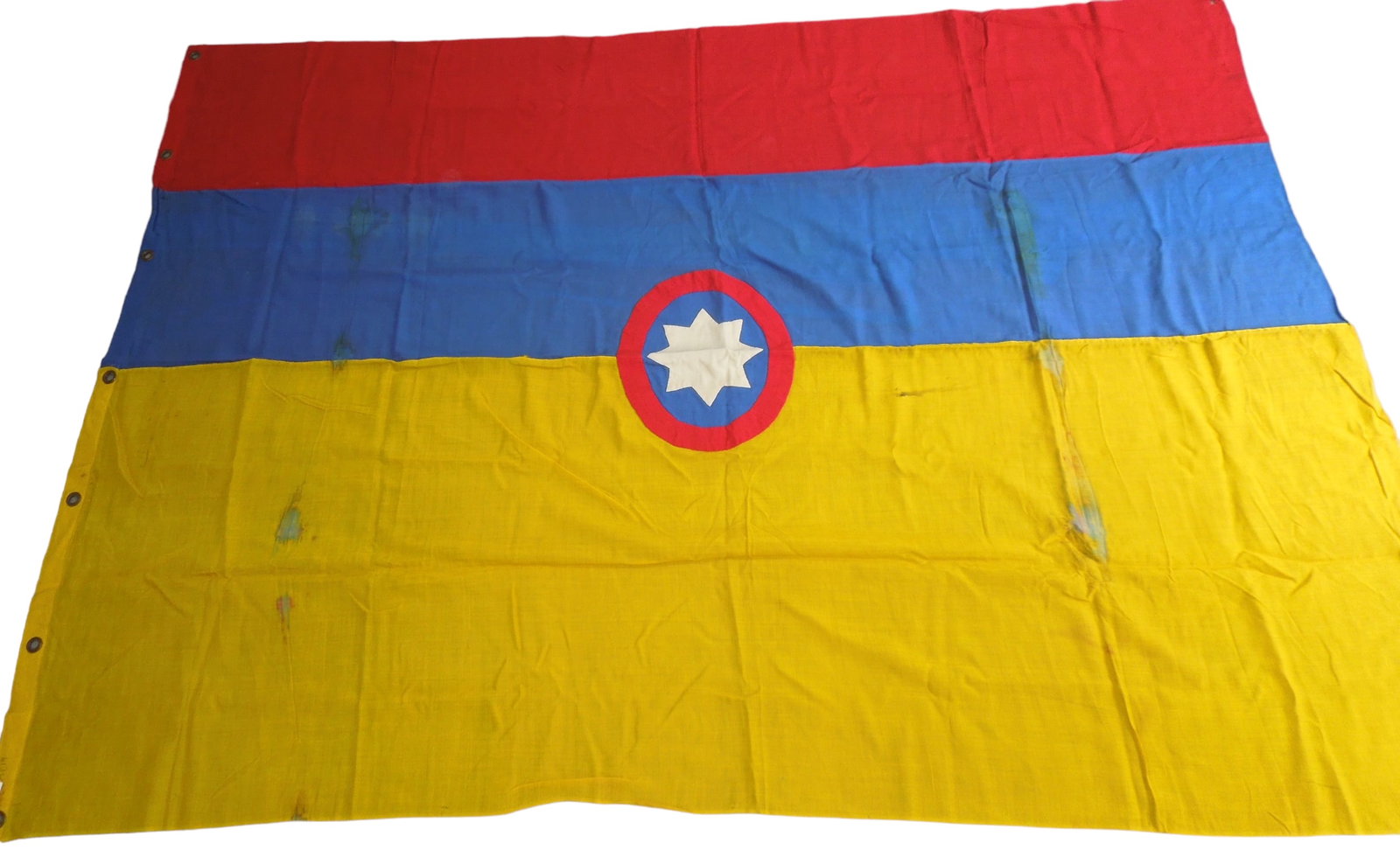 1950s National Maritime Sea Flag of Colombia: Original flag measuring 6 x 8 feet sent from Colombia to Dr. Clarence Rungee for his International flag museum. Good condition but has some staining.