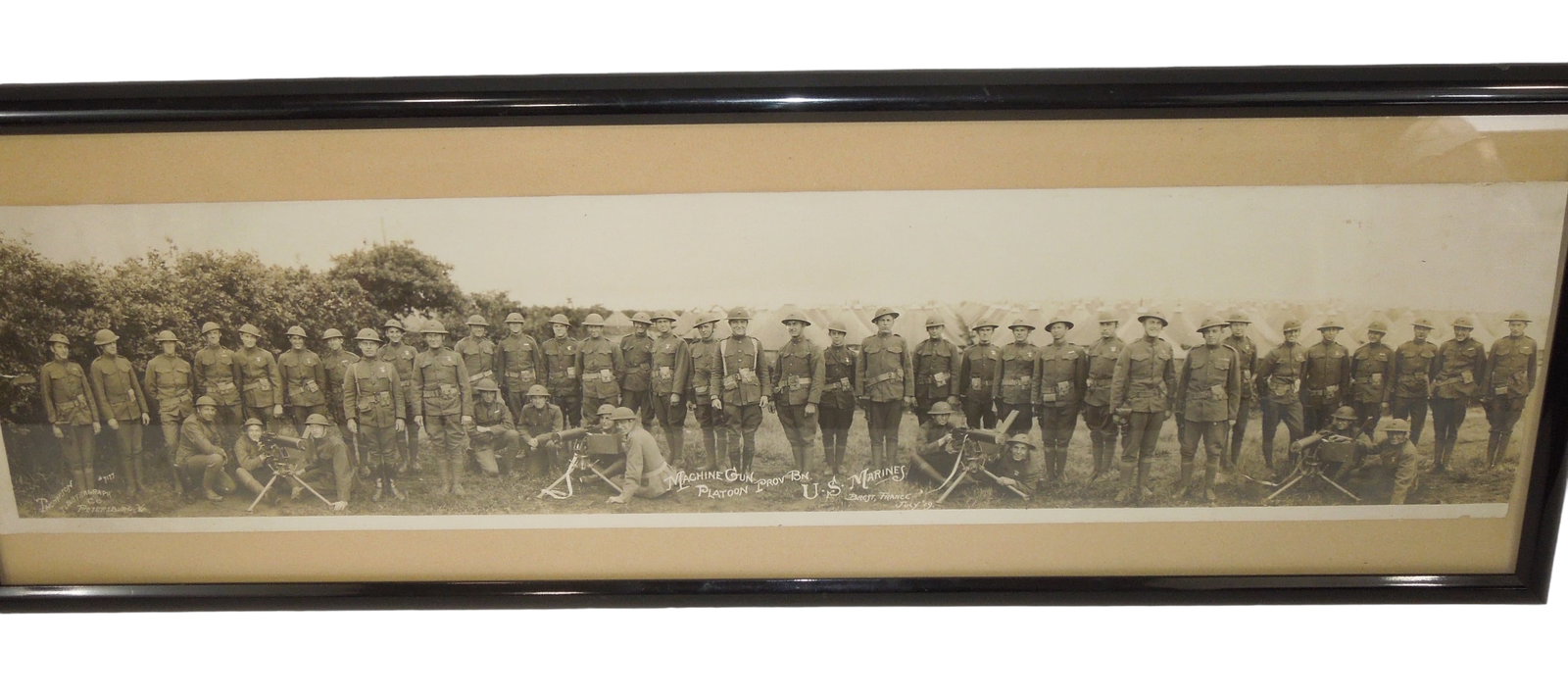 WWI 1919 US Marine Corps Machine Gun Platoon Prov BN Brest, France Unit Photo: WWI 1919 USMC Marine Corps Machine Gun Platoon Provisional Battalion Brest, France Unit Framed Photo. Yard long photo Dated July 1919. Approximate size is 35 x 8 inches. Photo is in frame. Good overal