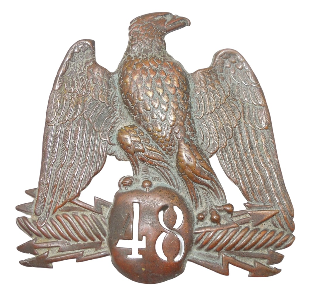 Napoleonic Wars M1852 French Army 48th Infantry Helmet Plate: Circa 1850s Napoleonic Wars (Napoleon III) Shako helmet plate for the 48th French Infantry. It has the screw post but no attaching nut.