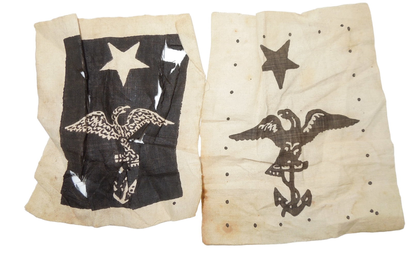 Lot (2) US Civil War Navy Cloth Rank Insignia Patches: Lot of two as shown, well worn condition with one having tears throughout.