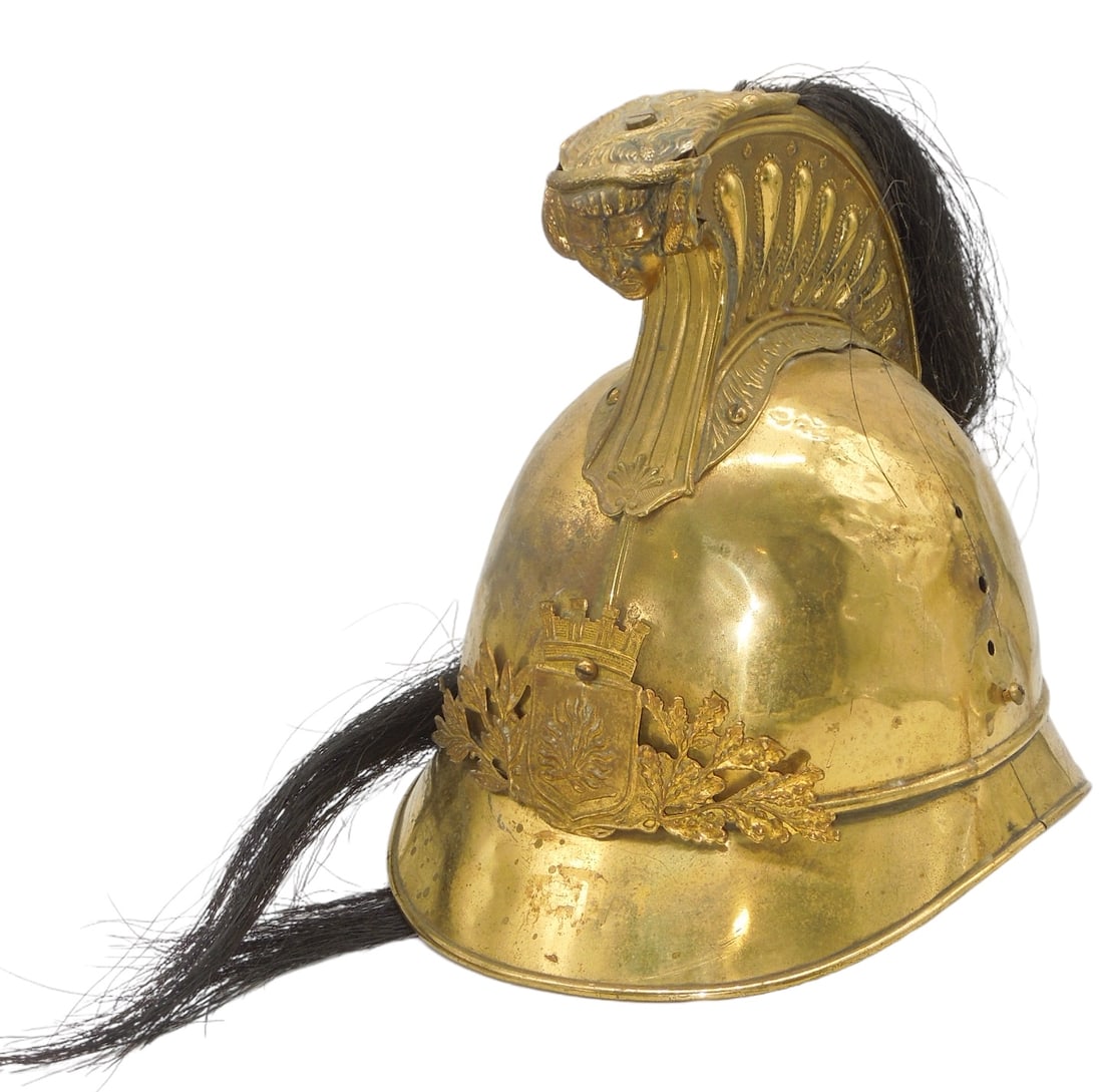 Vintage Spanish or French Fire Brigade Helmet & Plume: Metal helmet as shown. Unknown what specific era or use it was designed for, but makes a great display piece.