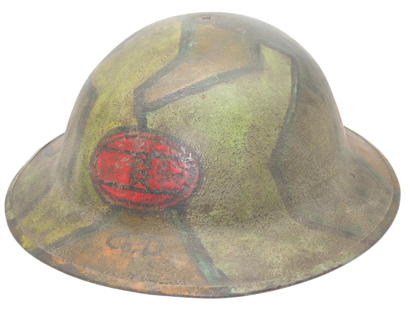 WWI US Army 30th Infantry Division Camp Painted Doughboy Helmet: Original helmet camouflage painted with a 30th Infantry Division unit insignia, and Co. D. painted on it. Has liner still attached but no chinstrap.
