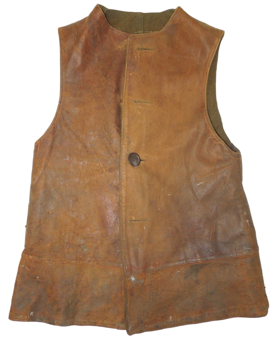 WWI US Military Leather Uniform Jerkin: Original WWI Military leather jerkin with one button. Well used condition with wear to the leather.