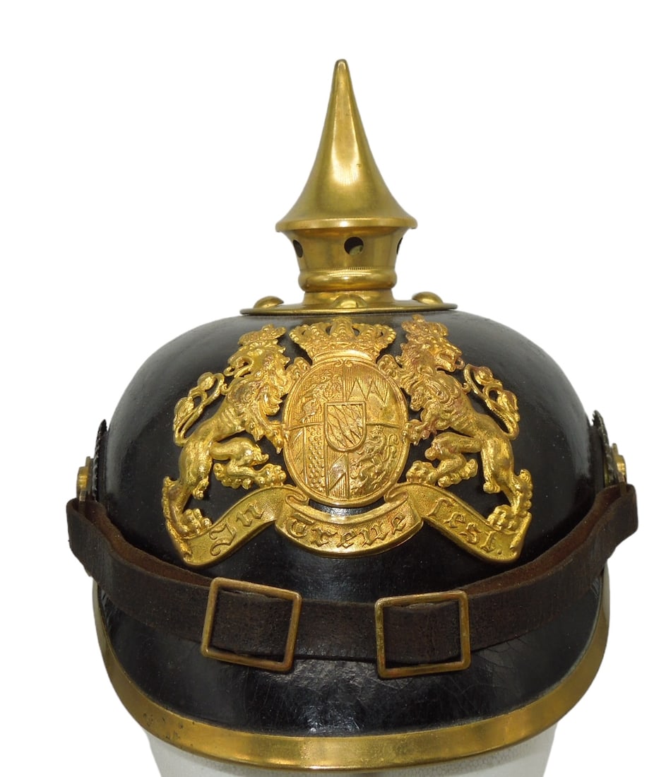WWI Imperial German Bavarian Officer Pickelhaube Helmet: WWI era Maury & Co. Mainz marked pickelhaube as shown. It is in very good condition though up close one can see crazing to the leather exterior throughout.