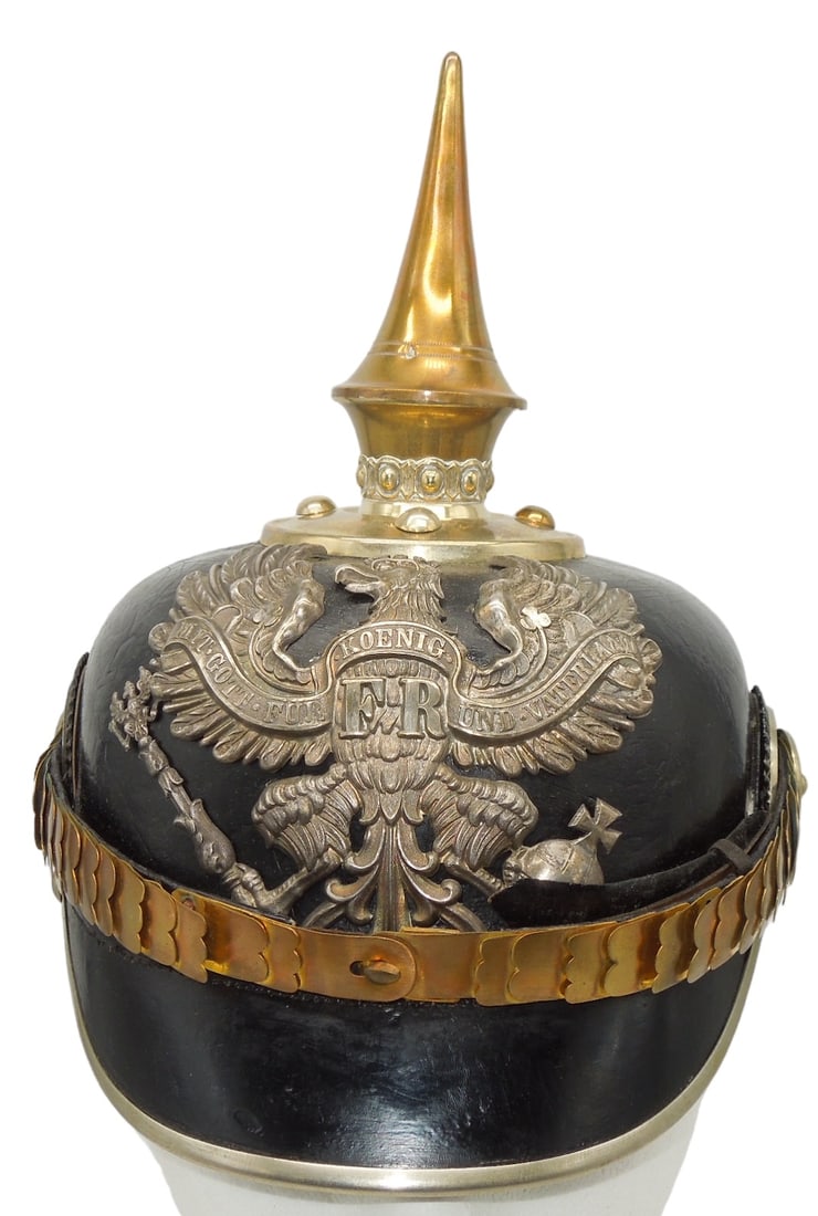 WWI Imperial German Officer Pickelhaube Helmet: WWI era named (Klostermann) size 55 1/2 marked pickelhaube as shown. It is in very good condition though up close one can see crazing to the leather exterior throughout.