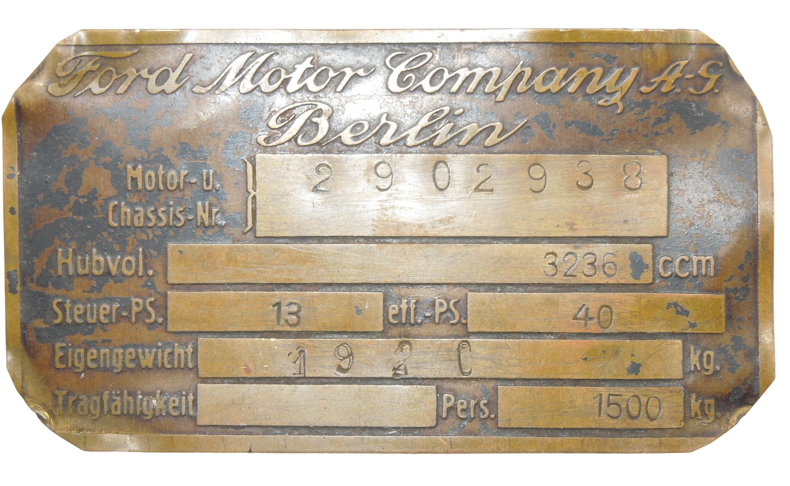 1920 Ford Motor Company Berlin Germany Vehicle Data Plate: Original vehicle data plate as shown.