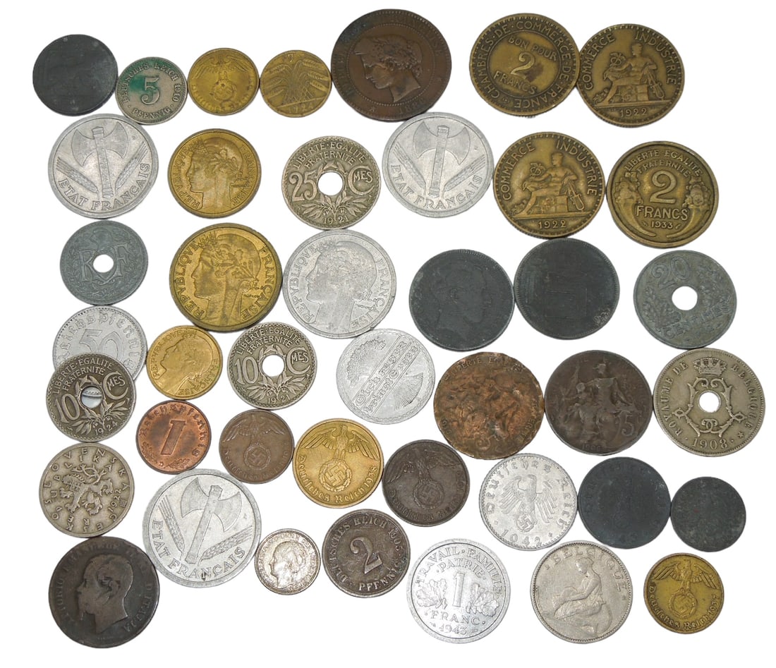 Lot European 1800s - 1940s Coins: Large lot of worldwide coins with various dates. Condition is used / circulated.
