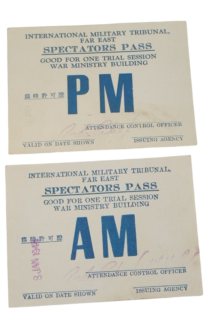 WWII International Military Tribunal Japan War Crimes Trial Passes: Pair of original post WWII International Military Tribunals in Japan gallery passes for Americans to watch the trials in person. Good condition.