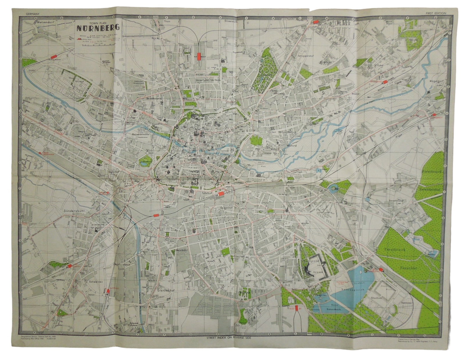 WWII 1944 US Army Produced Map of Nuremberg, Germany: US Army 1944 produced map, measuring approximately 21.5 by 28 inches in size. With folds.