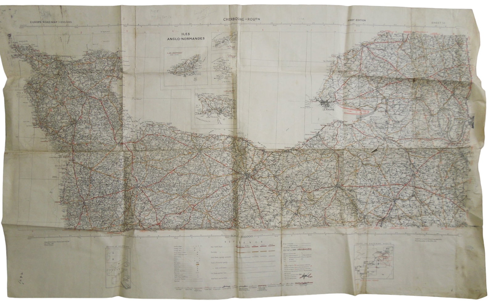 1941 British War Map of Normandy France Used For D-Day Landings: Large 1941 military produced map of the Normandy Coast, used by a US Army Signal officer who landed just after D-Day. It measures approximately 26.5 inches by 44 inches and has folds. There is some so