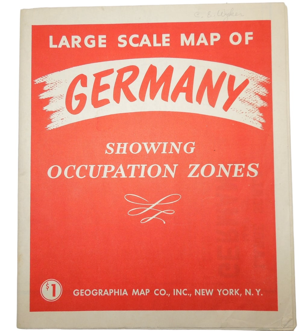 Post WWII Map of Germany Showing Occupation Zones Large Scale: Large scale map of Germany. Produced under the direction of Alexander Gross, F.R.G.S. Geographia Map Co., Inc., New York, N.Y. Approximate size is 34 x 40 inches. Good condition for it age with small 