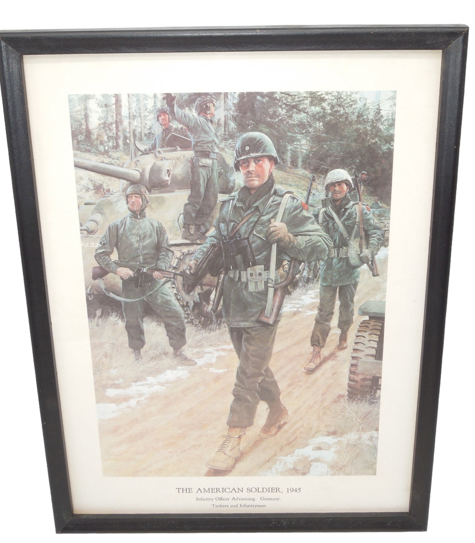 WWII 1945 The American Soldier 5th Division & Tank Print Poster: 13 inch tall framed under glass poster print of 5th Division Soldiers behind 4th Division Tankers. Comes with a printed description of the print.