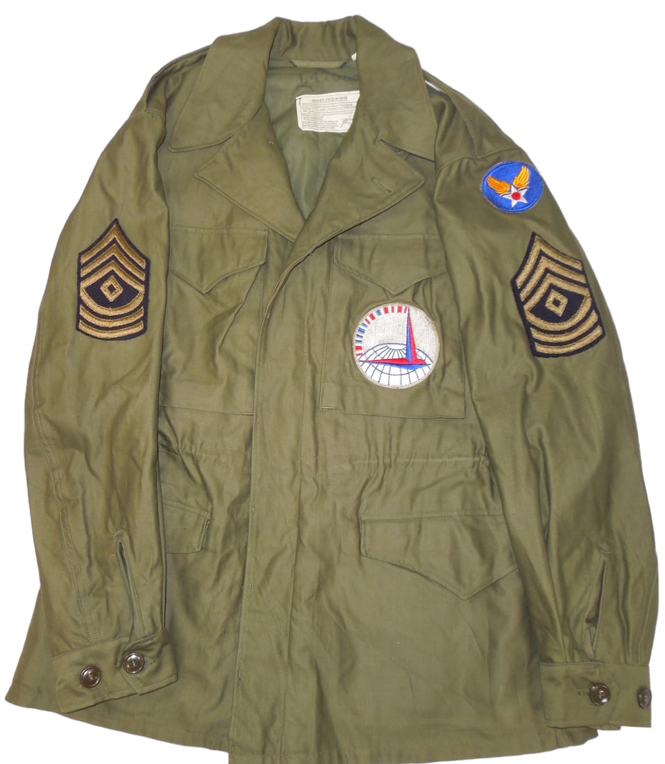 Excellent Condition WWII US Air Transport Command M43 Field Jacket: WWII US Air Transport Command M43 Field Jacket. Not named. Air Transport Command patch. First Sergeant shoulder sleeve insignia. Size 36R. Excellent overall condition!