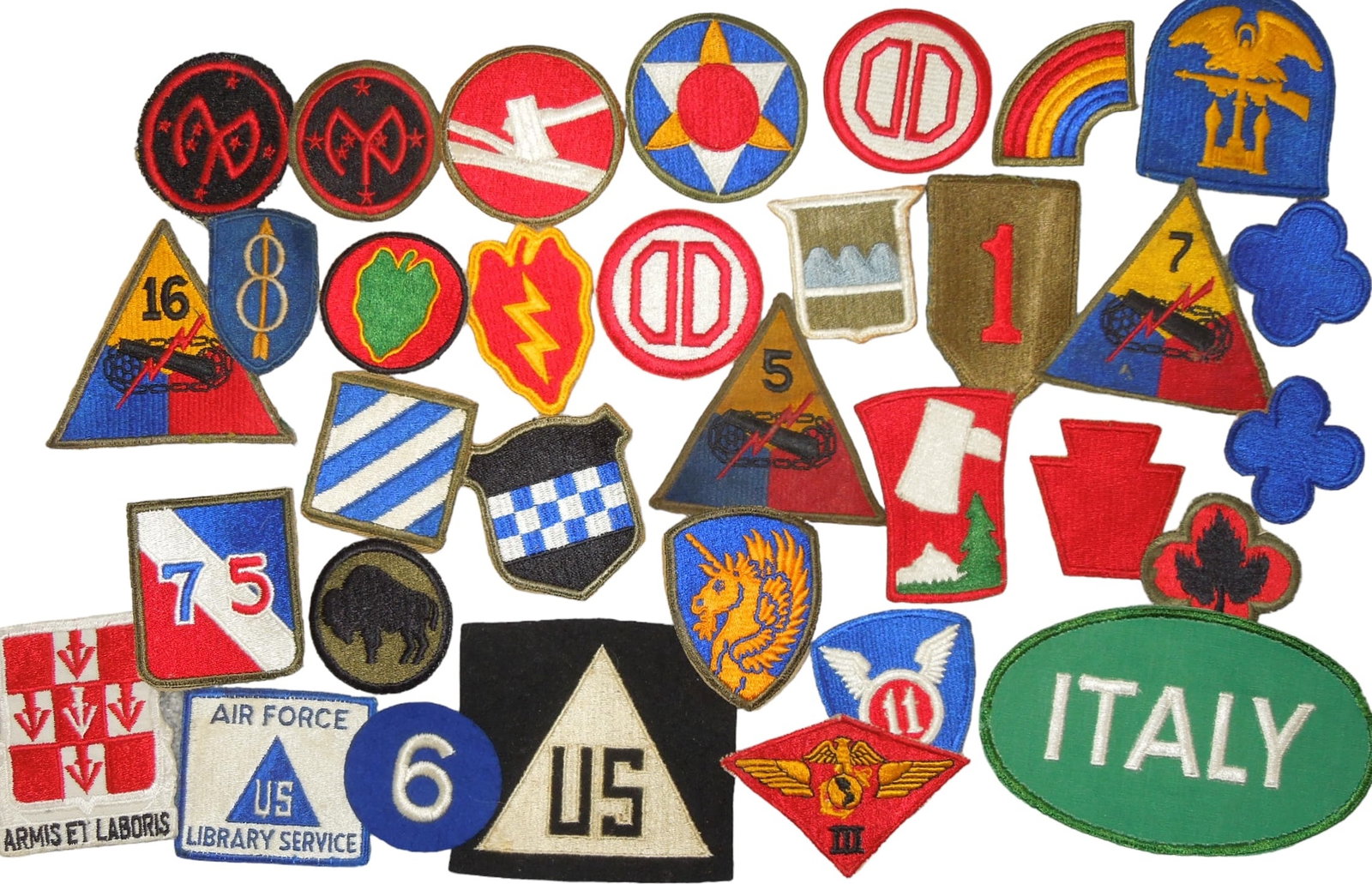 Lot of Over 30 WWII - 1950s US Army Military Patches Infantry Divisions: Lot of 1940s - 50s era cut edge patches, many in used condition.