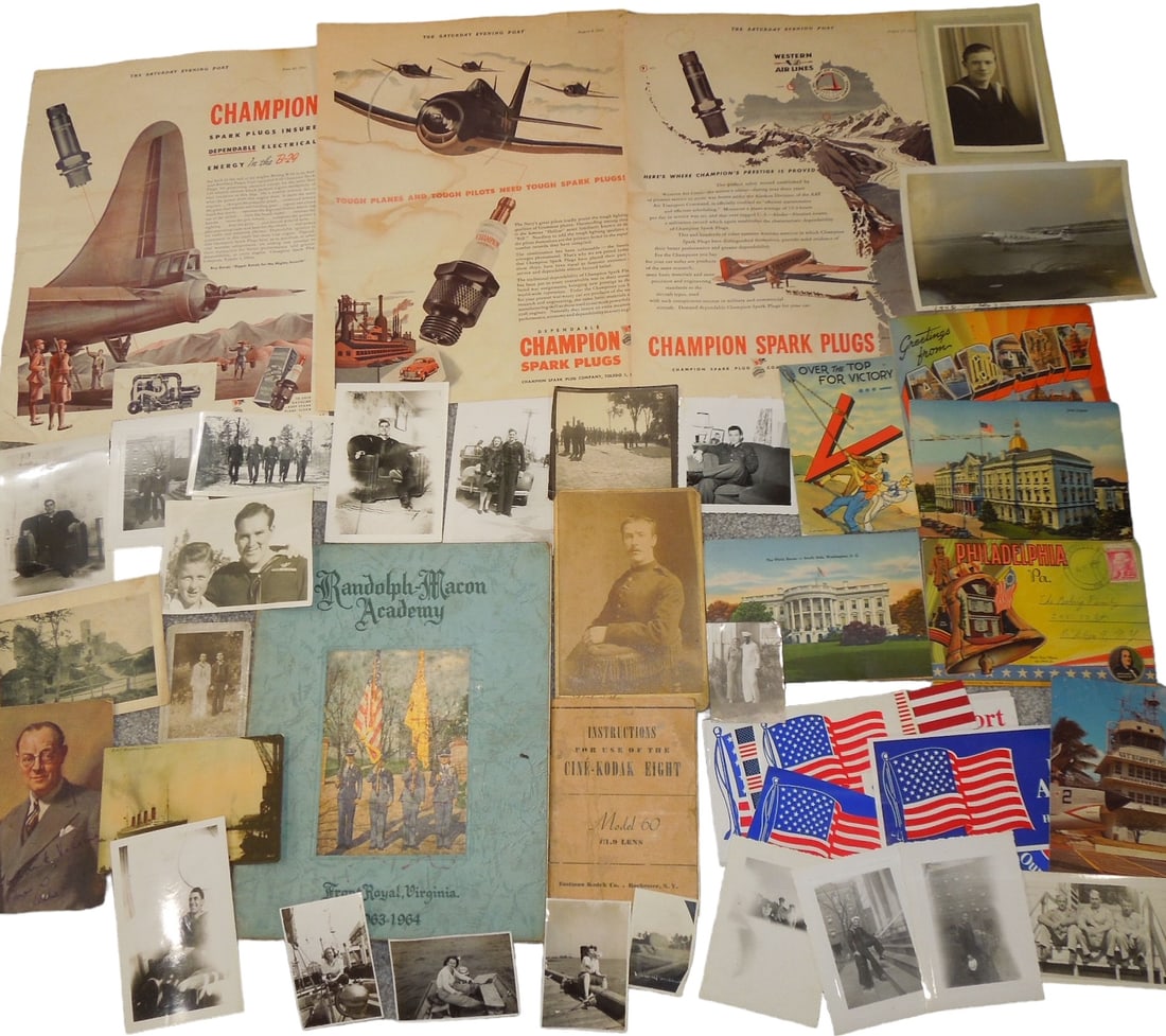 WWI - WWII Lot of Papers Documents & Ephemera: Large lot of paper material from WWI - Modern era, condition ranging from poor to excellent. Cutout ads, US Navy photos, cabinet cards, postcards, Randolph Macon Academy yearbook from 1964, and more.