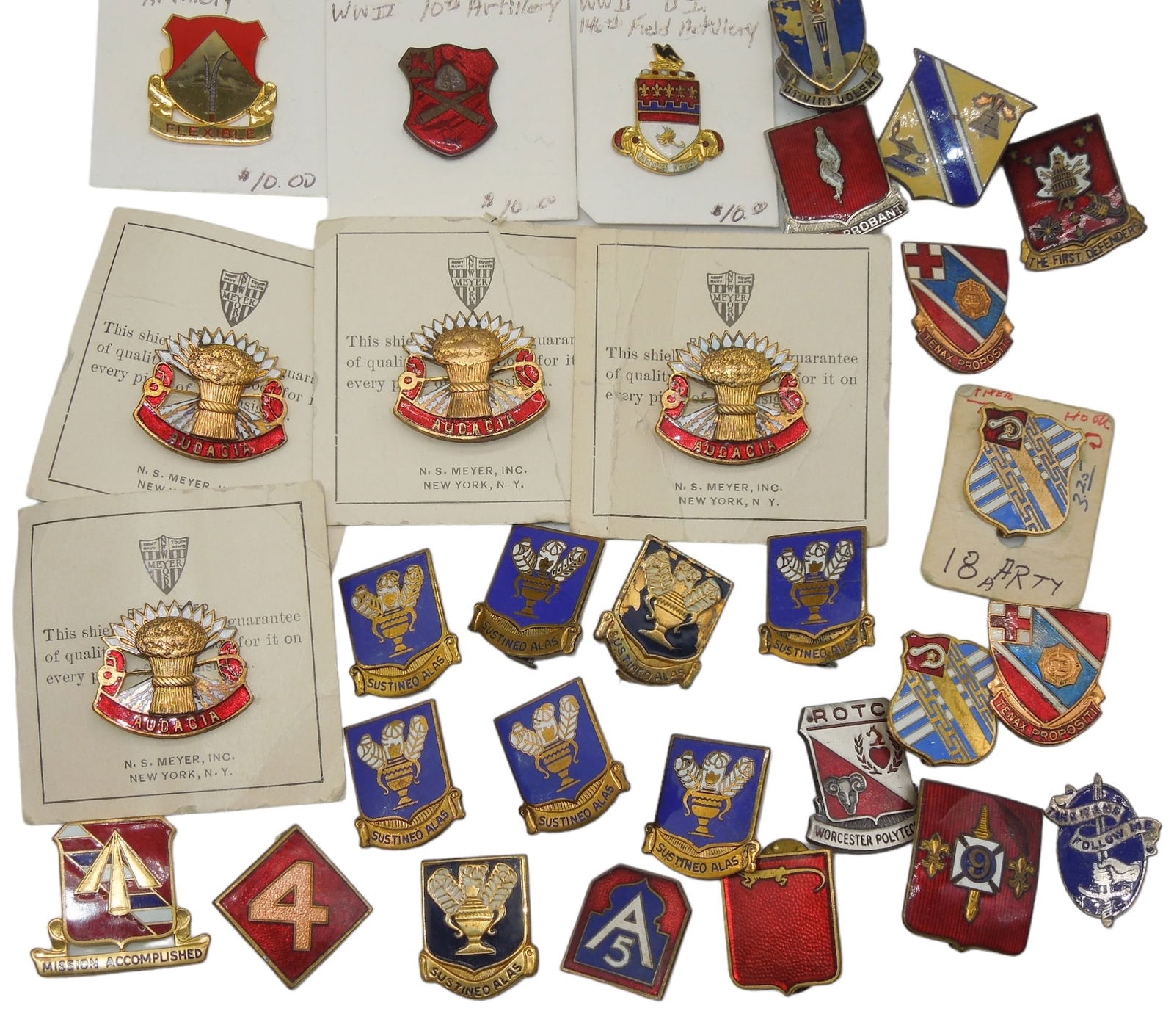 Lot WWII Korean War Pin & Screw Back US Army DUI Crests: Large lot as shown in condition ranging from good to excellent.