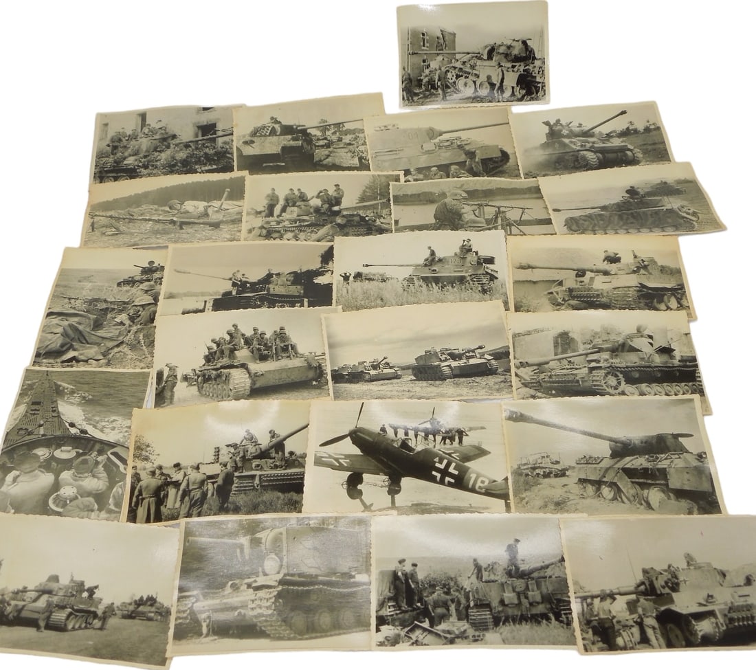 Post WWII Lot of Russian War Archive Photos of German Tanks Planes Equipment: Lot of 24 original archive photos with stampings on the back, depicting various combat scenes, vehicles, and German equipment. They are slightly larger than 3 x 5 inches.