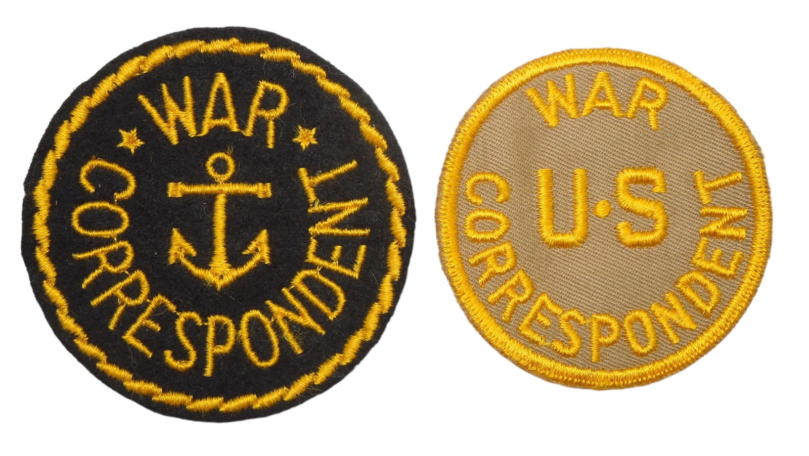 Lot (2) WWII US Army & Navy War Correspondent Patches: Original WWII era patches as shown. One wool, one twill. Good, used condition.