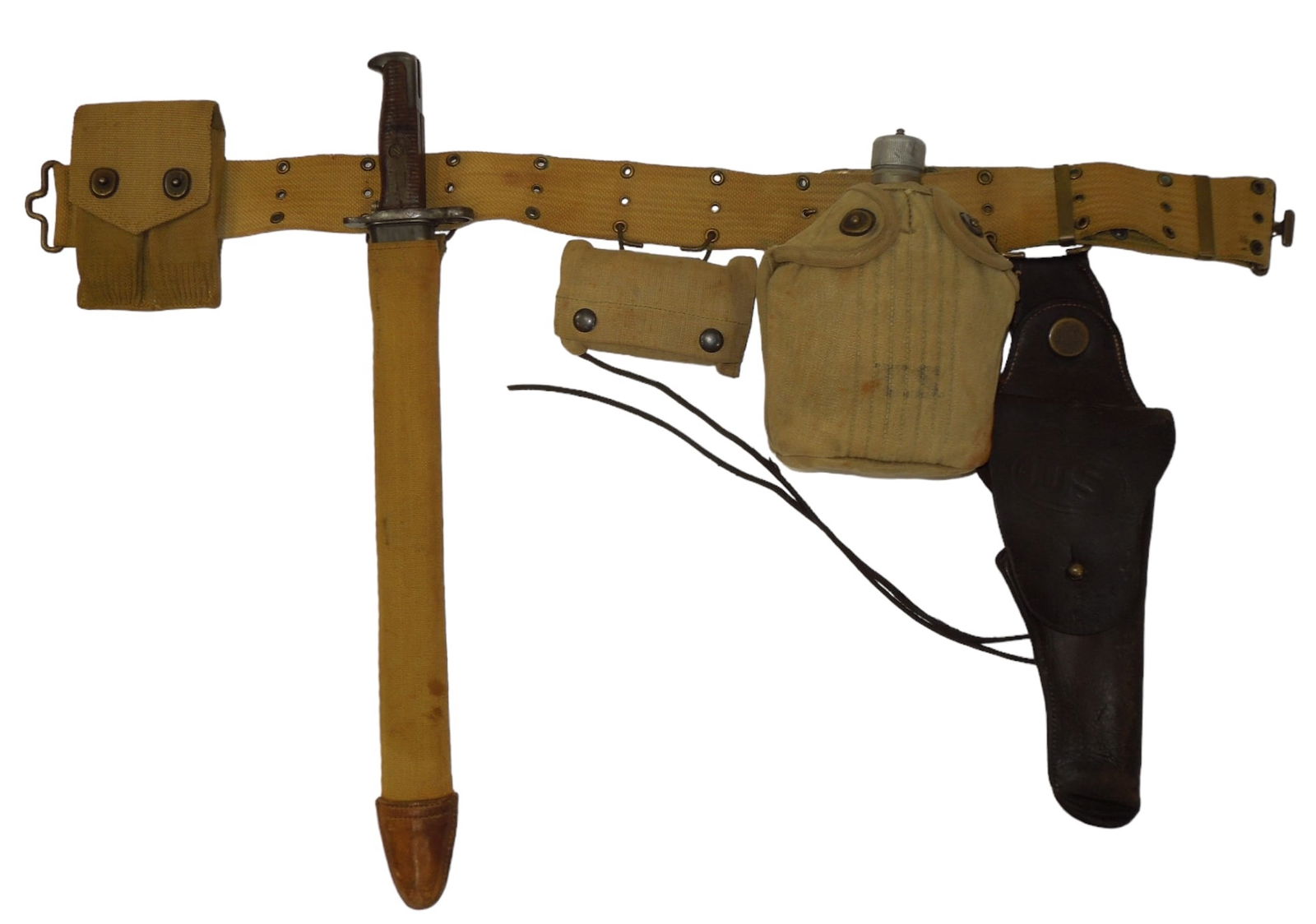 WWI US Army Doughboy Equipment Holster Ammo Belt Bayonet Canteen Bandage: Original setup with M1905 Springfield Army Bayonet dated 1906 with Scabbard, 1918 dated bandage pouch with field dressing, pistol belt, canteen and cover, and a 1916 swivel holster. All parts are used