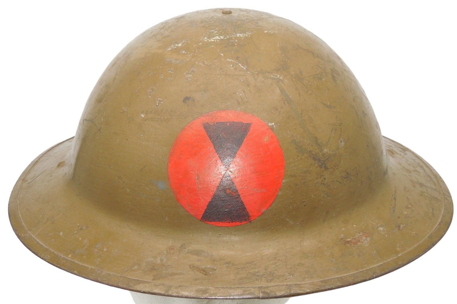 WWI US Army Painted Doughboy Helmet & Liner 7th Infantry Division: Original period WWI doughboy helmet, liner, and chinstrap with a painted decal common among Soldiers during the late War and Occupation use. Good condition showing wear consistent with age. Liner is s
