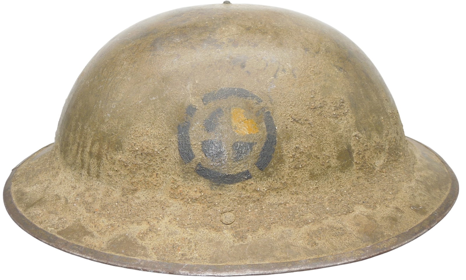 WWI US Army Painted Doughboy Helmet & Liner 35th Infantry Division Double Decal: Original period WWI doughboy helmet, liner, and chinstrap with two painted decals common among Soldiers during the late War and Occupation use. Good condition showing wear consistent with age. Liner i
