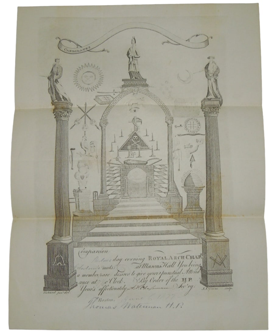 1877 Dated Masonic Fraternal Document Royal Arch Chapter Boston, Massachusetts: Original regular sized paper map with folds.