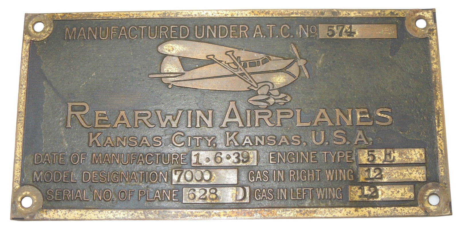 1939 Rearwin Sportster Airplanes Kansas City Plane Data Plate: 1939 Rearwin Sportster Airplanes Kansas City Plane Data Plate. Model 7000. The Rearwin Sportster is a 1930s America two-seat, high-winged, cabin monoplane designed and built by Rearwin Aircraft & Engi