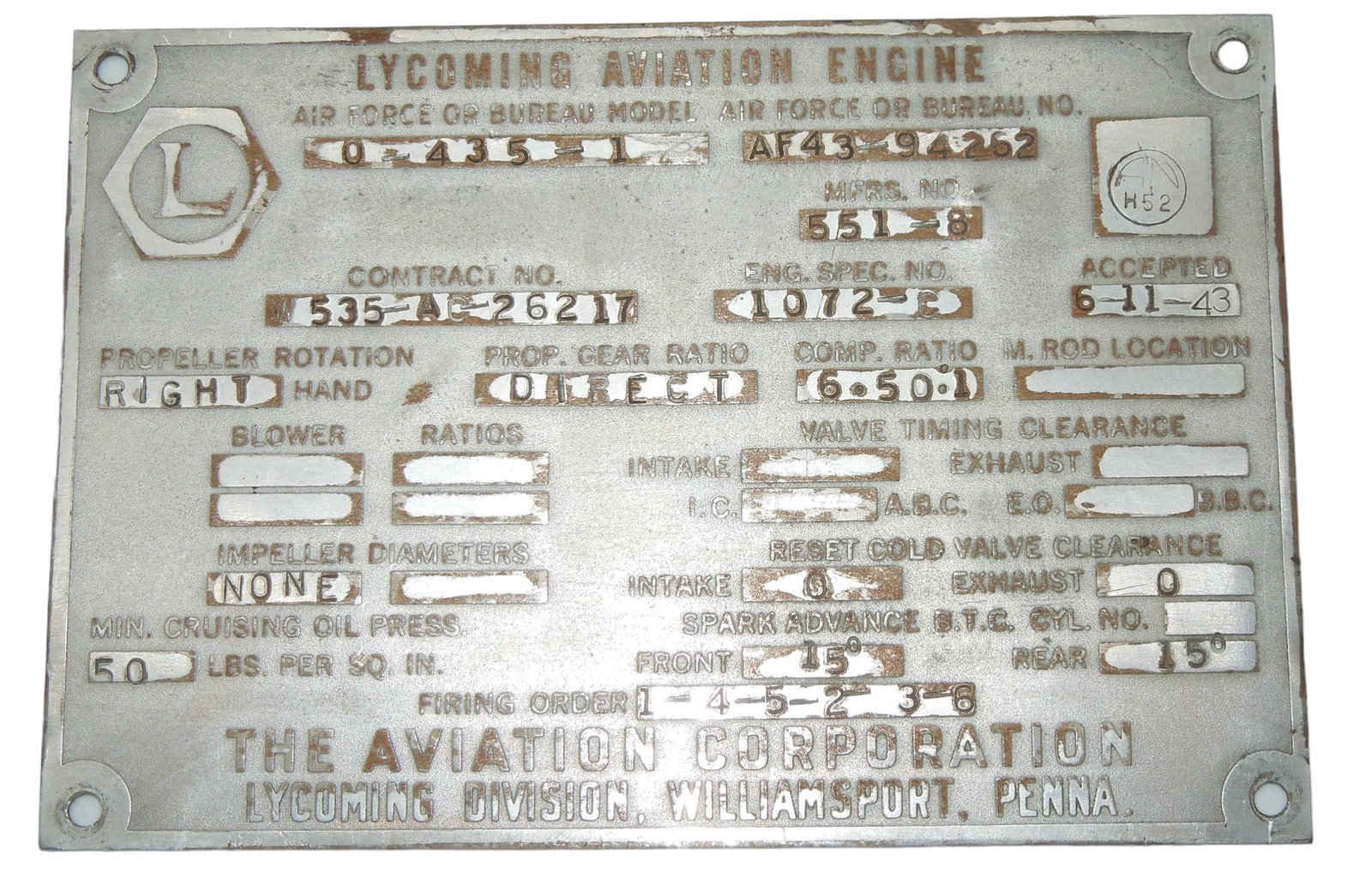 WWII 1943 Lycoming Aviation Engine US Army Air Force Data Plate O-435-1: WWII 1943 Lycoming Aviation Engine US Army Air Force Data Plate. O-435-1. The Lycoming O-435 is an American six-cylinder, horizontally opposed fixed wing aircraft and helicopter engine made by Lycomin