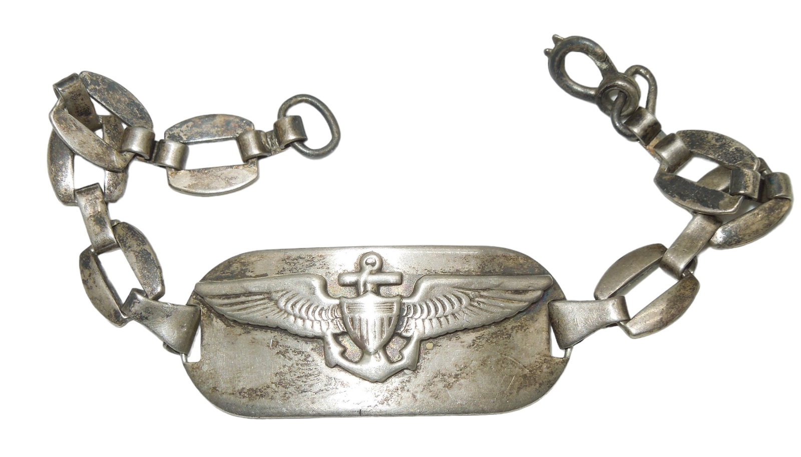 WWII Sterling Named Engraved USN Navy Naval Aviator Pilot Wings Bracelet: WWII USN Navy Aviator Pilot Named Sterling Bracelet. Named to Len Blattner. Approximate size is 7.5 inches. Wear from age and use over time.