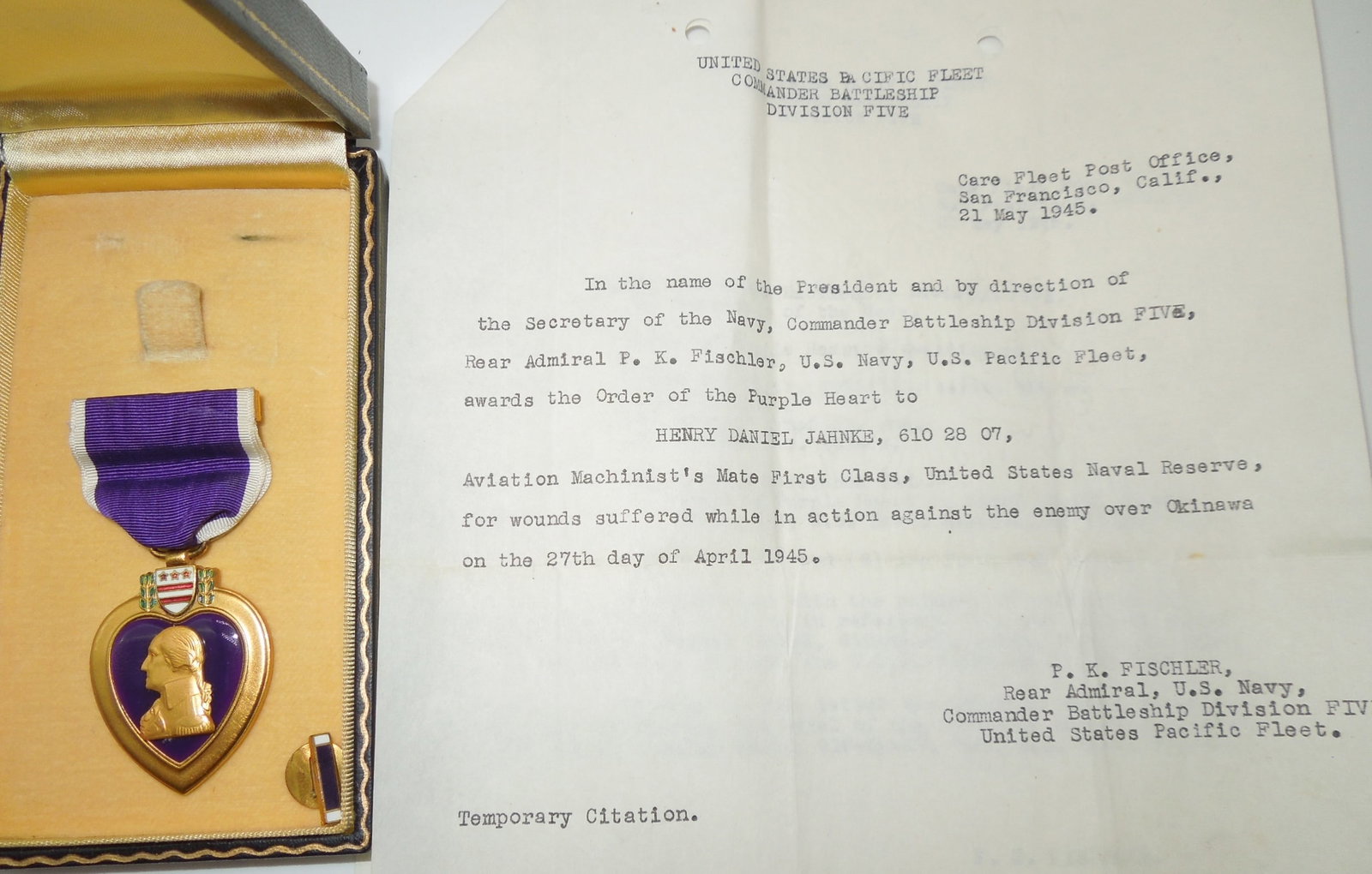 WWII USN Navy USS Texas WIA Wounded Over Okinawa Purple Heart Aviator Group: WWII USN Navy USS Texas Wounded Over Okinawa Purple Heart Aviator Group. Named to Henry Daniel Jahnke, Aviation Machinists Mate 1/c. You will receive a Purple Heart, Lapel Pin and citation documents. 