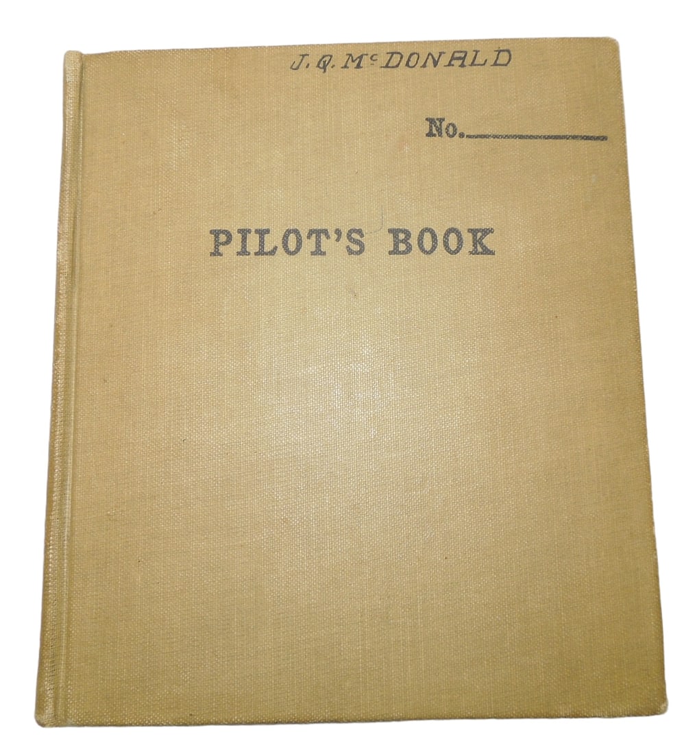 WWI Era 1918 US Army Air Service Stateside Named Pilot Flight Log Book: WWI 1918 US Army Air Service Stateside Pilot Flight Log Book. Named to John Q. McDonald. Pages in this Pilot log include: Aerial Gunnery, Taliaferro Field, Camera Practice, Fort Sill Flying School, Re