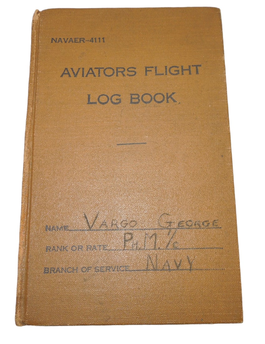 WWII Era USN Navy Pacific PBM Aircrew Member Flight Log Book: WWII USN Navy Pacific PBM Aircrew Member Flight Log Book. Named to George Vargo PhM 2/c (pharmacist's mate). Entries include the dates January 1944-June 1945. Logged into the book are flights across t
