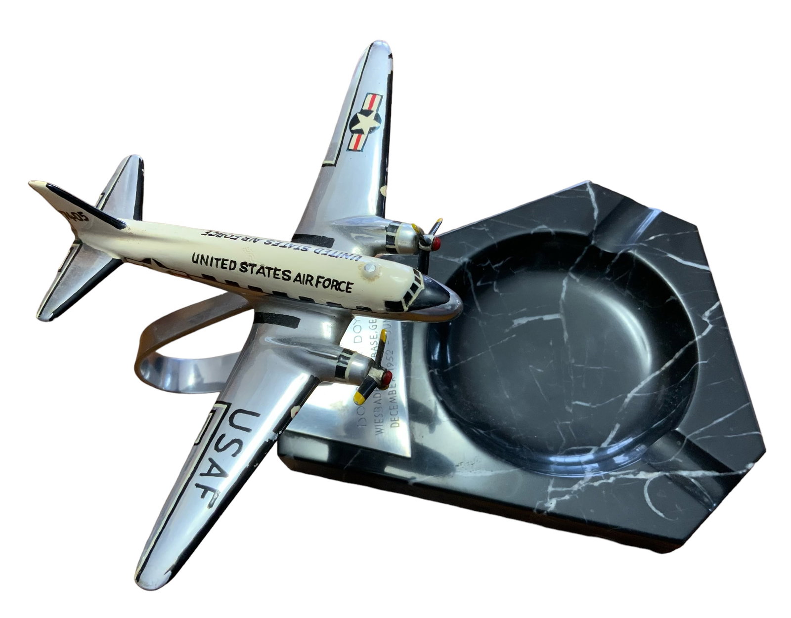 Korean War Era Douglas C-47 Skytrain Named USAF Aircraft Ashtray Wiesbaden Air Base: Korean War Era Douglas C-47 Skytrain Named USAF Air Force Aircraft Ashtray Wiesbaden Air Base. Engraved on the plate is named to Donald R. Doyle, Wiesbaden, Germany December 1952 - June 1956. Approxim