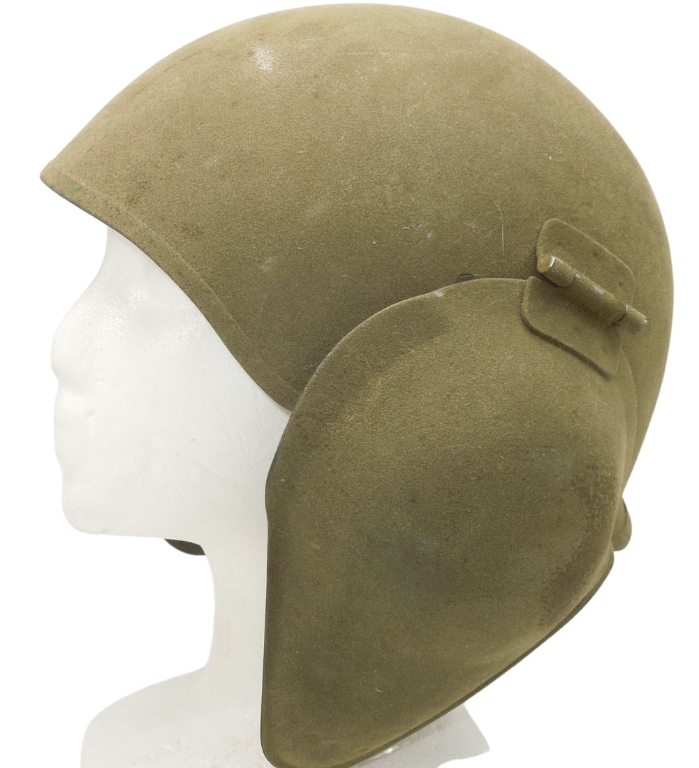 WWII US Army Air Force Aircrew Flak Helmet With Ear Flaps: Original helmet and khaki webbing from WWII. Good condition showing wear consistent with age. There are no maker marks inside.