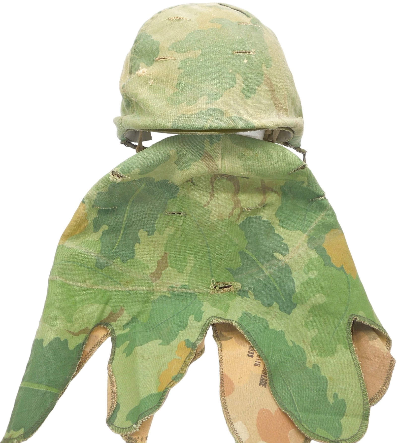Vietnam War US Army M-1 Helmet, Liner, & Extra Mitchell Cover: Original helmet, Airborne modified liner, and Mitchell Camouflage Cover from Vietnam. Comes with an extra helmet cover dated 1970. Good condition showing wear consistent with age.