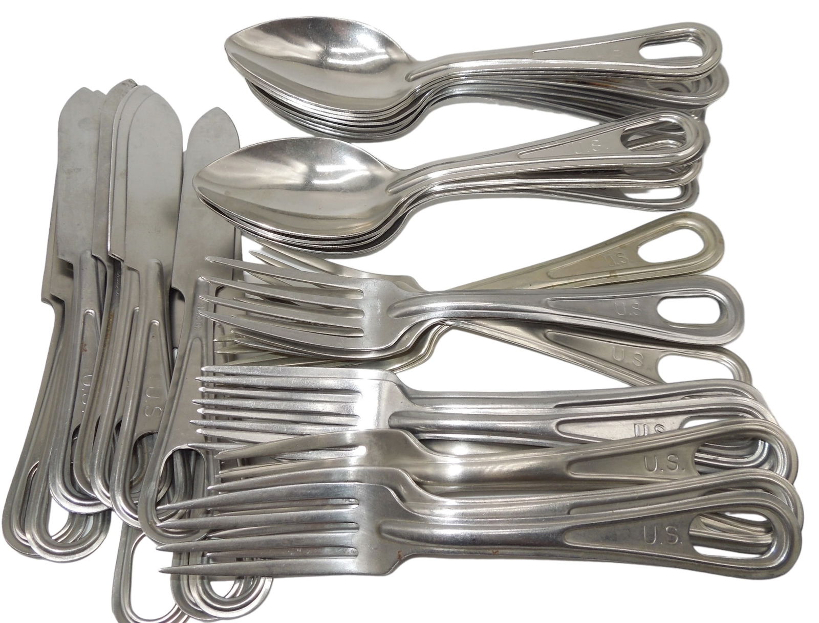 Huge Lot US Military Cold War Era Mess Kit Silverware Forks, Knives, Spoons: US Military Cold War Era Mess Kit Silverware. Huge lot of 35 plus pieces. Makers include U.C.C.O., O.L., Utica Cut. Co., Skoco, Silco, N.S. Co., Wallco. Good used condition.