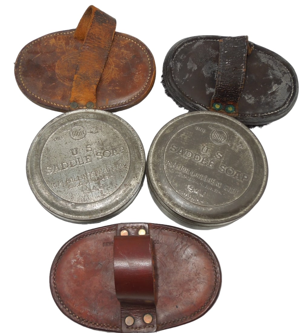 Lot (5) Pre WWII US Army Horse Cavalry Saddle Soap & Brushes: Pre WWII US Army Horse Cavalry Saddle Soap & Brushes. Lot of (5). You are bidding on (2) 1940 US Saddle Soap (R.M. Hollingshead Corp.) cans. We did not open the contents of these containers, but know