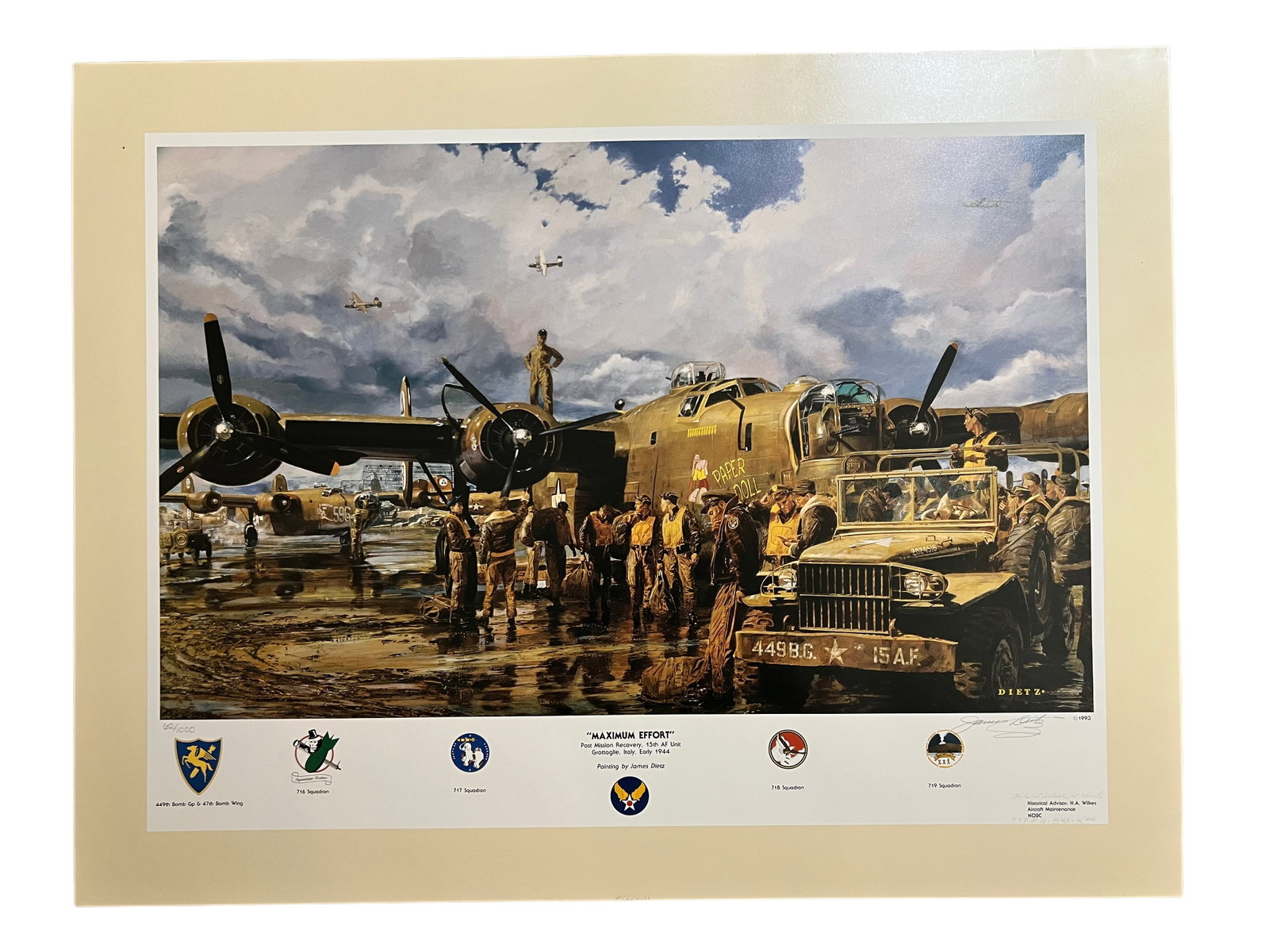 Maximum Effort 15th Air Force B-24s Italy Limited Edition Dietz Print: Maximum Effort is a signed print by artist James Dietz and a limited edition numbered 62/1000. Not only is the print signed by the artist, but also by Lt. Col HA Wilkes who was the historical advisor 