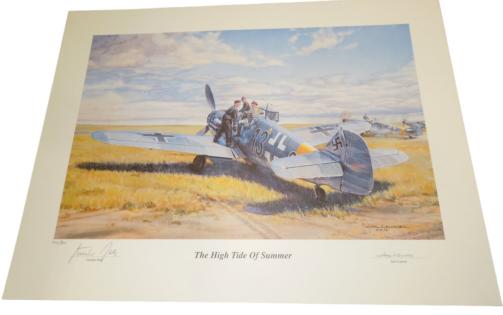 WWII The High Tide Of Summer Signed Print Gunther Rall & Artist Jim Laurier 140/900: WWII The High Tide Of Summer Signed Print Gunther Rall & Artist Jim Laurier 140/900. Luftwaffe ace Gunther Rall of JG 52 climbing into his Bf-109 G "Black 13" East Front 1942. Limited Edition Signed B