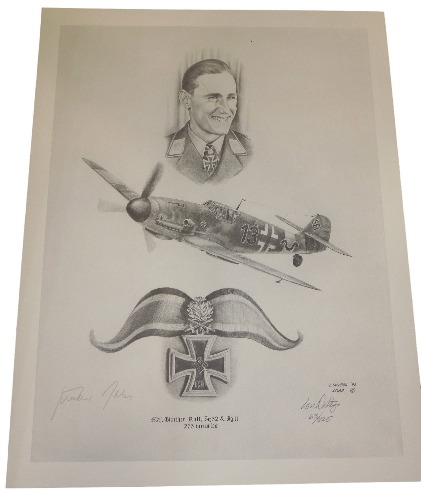 WWII German Ace Gunther Rall Signed Print Artist Ortega: WWII German Ace Gunther Rall Signed Print Artist Lonnie Ortega. Numbered to 63/225. Gunther Rall is the world’s third leading aerial combat scorer, with 275 official victories to his credit. Like Ba