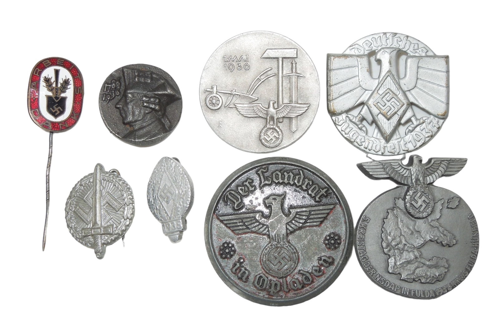 Lot (8) 1930s - 1940s German Tinnie Pins: Original WWII German items as shown.