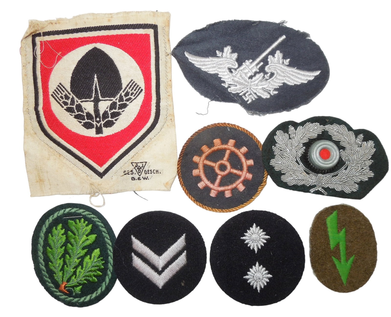 Lot (8) WWII German Wehrmacht Luftwaffe HJ RAD Patches: Original WWII German items as shown. One label on the HJ patch is completely detached.