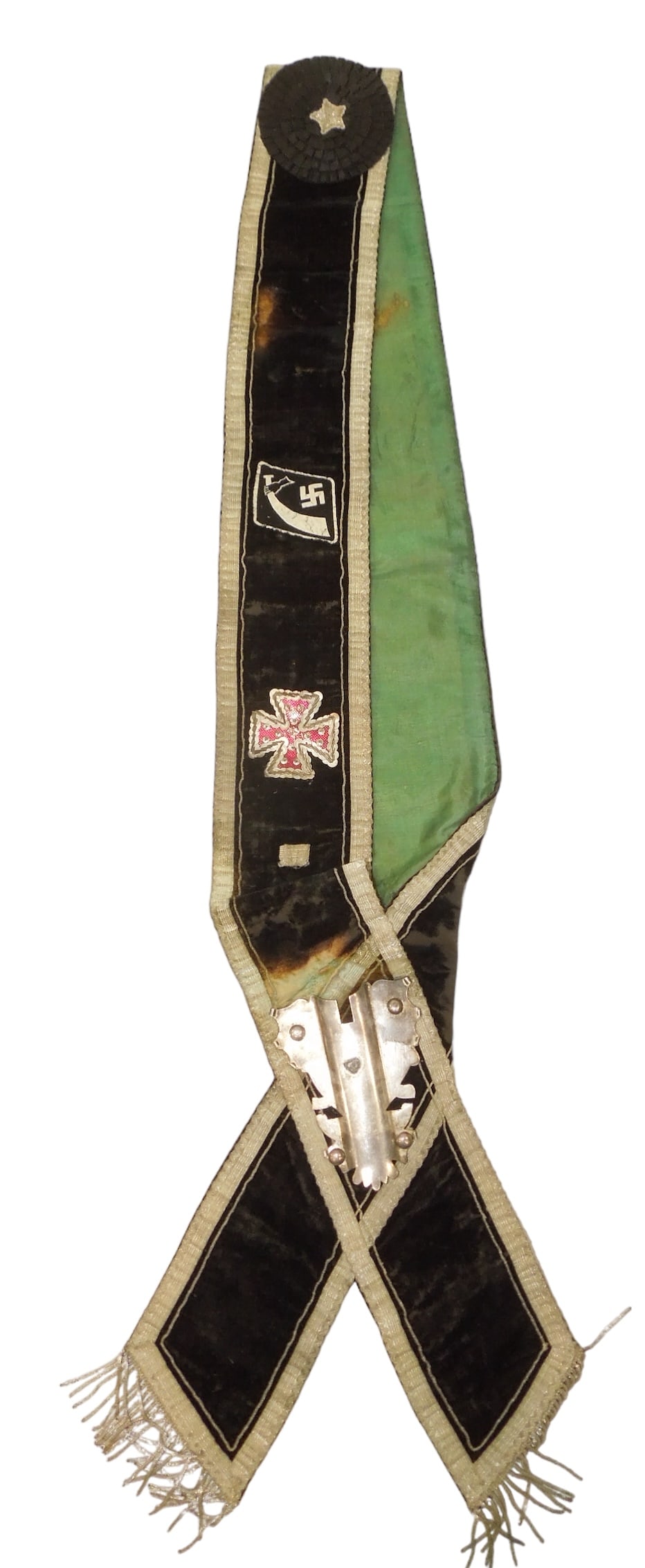 WWII German Croatian Volunteer SS Troops Uniform Sash: Bullion made sash for wear for ceremonies, featuring a Kroatien (Croatian) Volunteer Troops SS patch among other insignia. Unknown history beyond this.