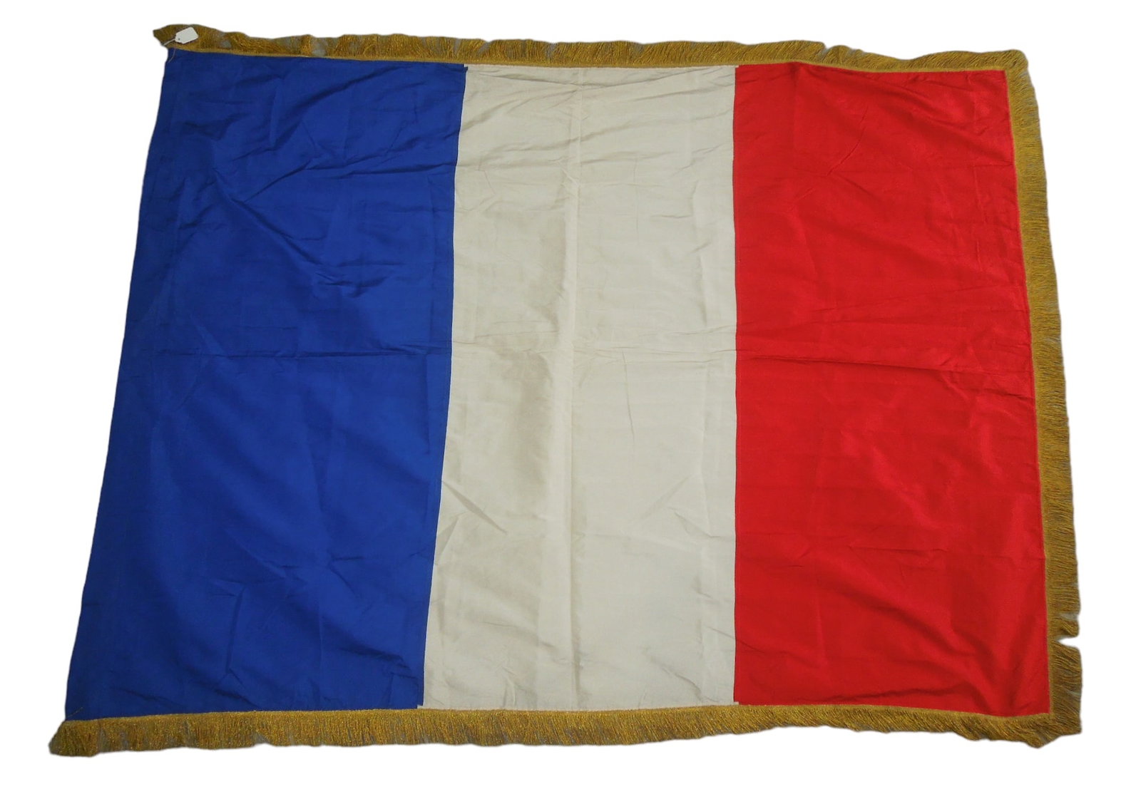 WWI - WWII Silk France National Flag With Bullion Fringe: Original 55 inch x 70 inch WWI - WWII French Military Flag with bullion fringe. This flag was from the Dr. Clarence Rungee collection, who obtained his storied flags directly from heads of state, gove